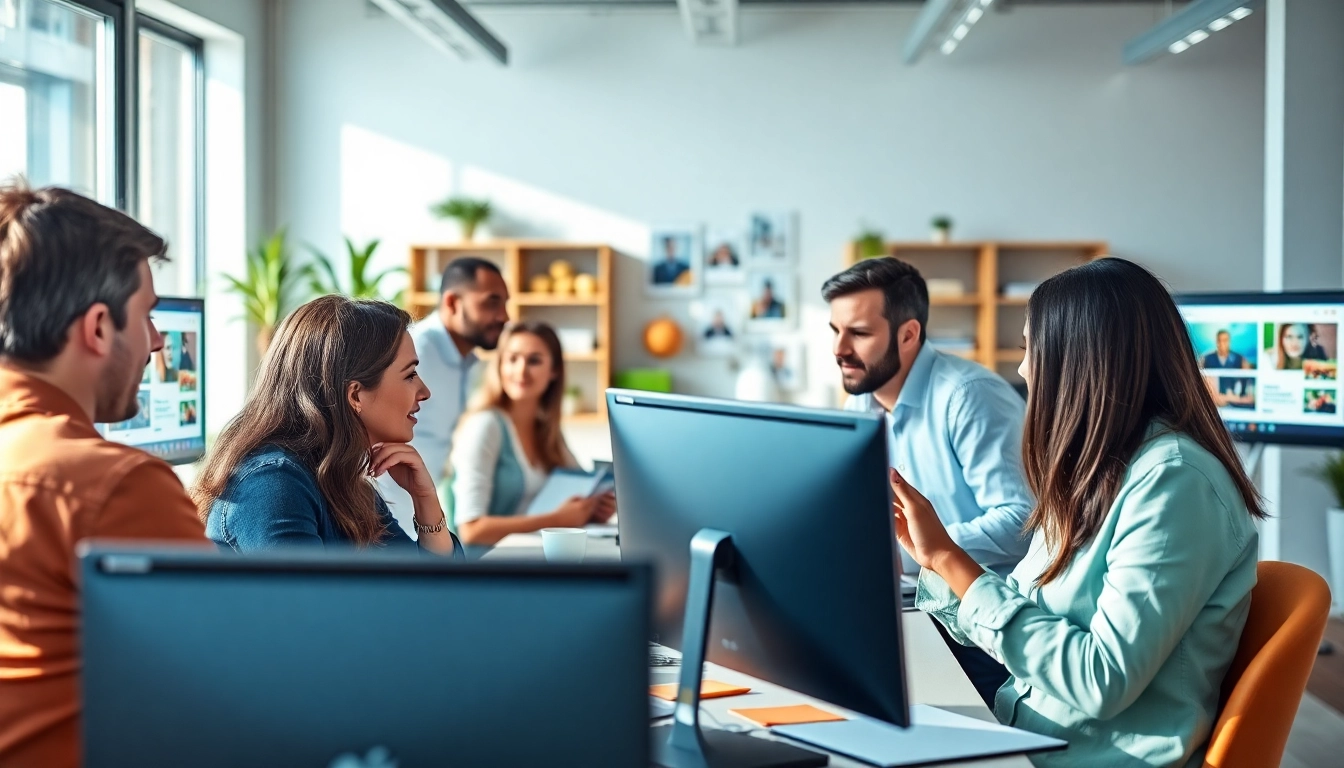 Engaging team working on edmonton web design projects in a bright office environment.