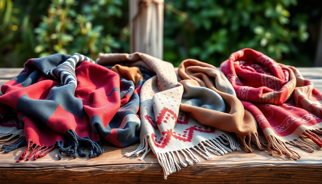 Stylish scarves for women displayed on a wooden table, showcasing diverse patterns and colors.