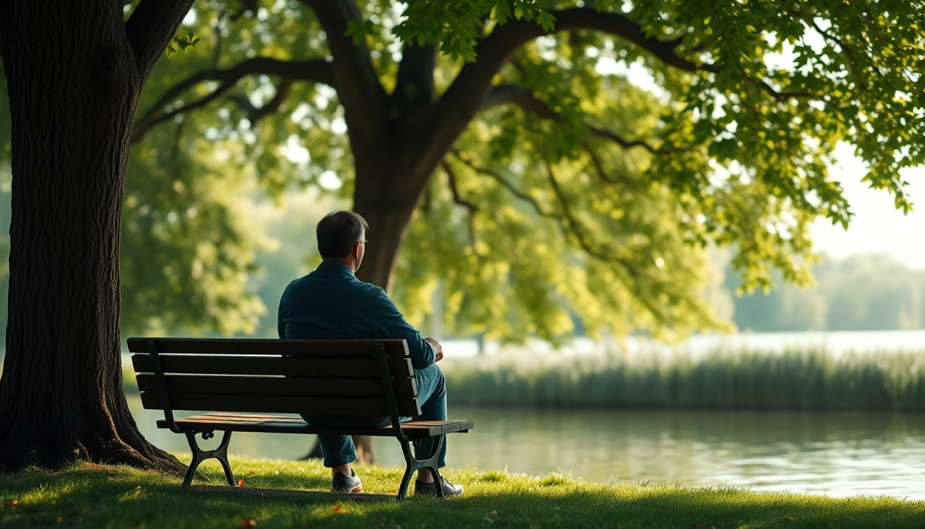 Person reflecting while dealing with grief by a calm lake in a peaceful park setting.
