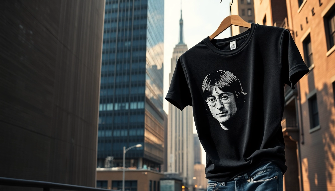 Showcase a striking john lennon new york shirt against an urban NYC backdrop, highlighting its iconic design.