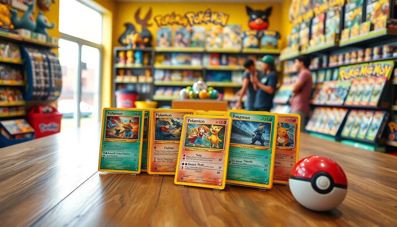 Showcase of real Pokémon cards featuring rare collectibles in an engaging game store setting.
