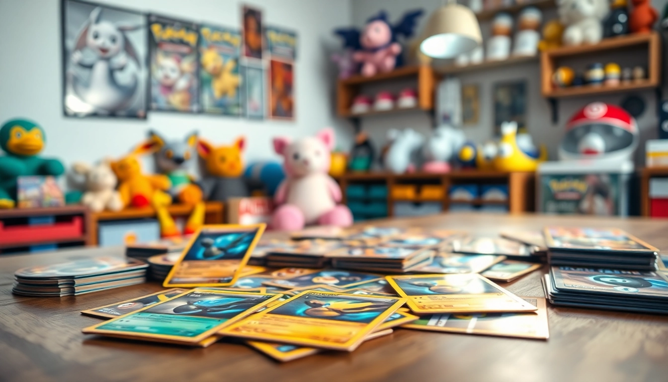 Showcase real Pokémon cards beautifully arranged, highlighting their rarity and vibrant colors.