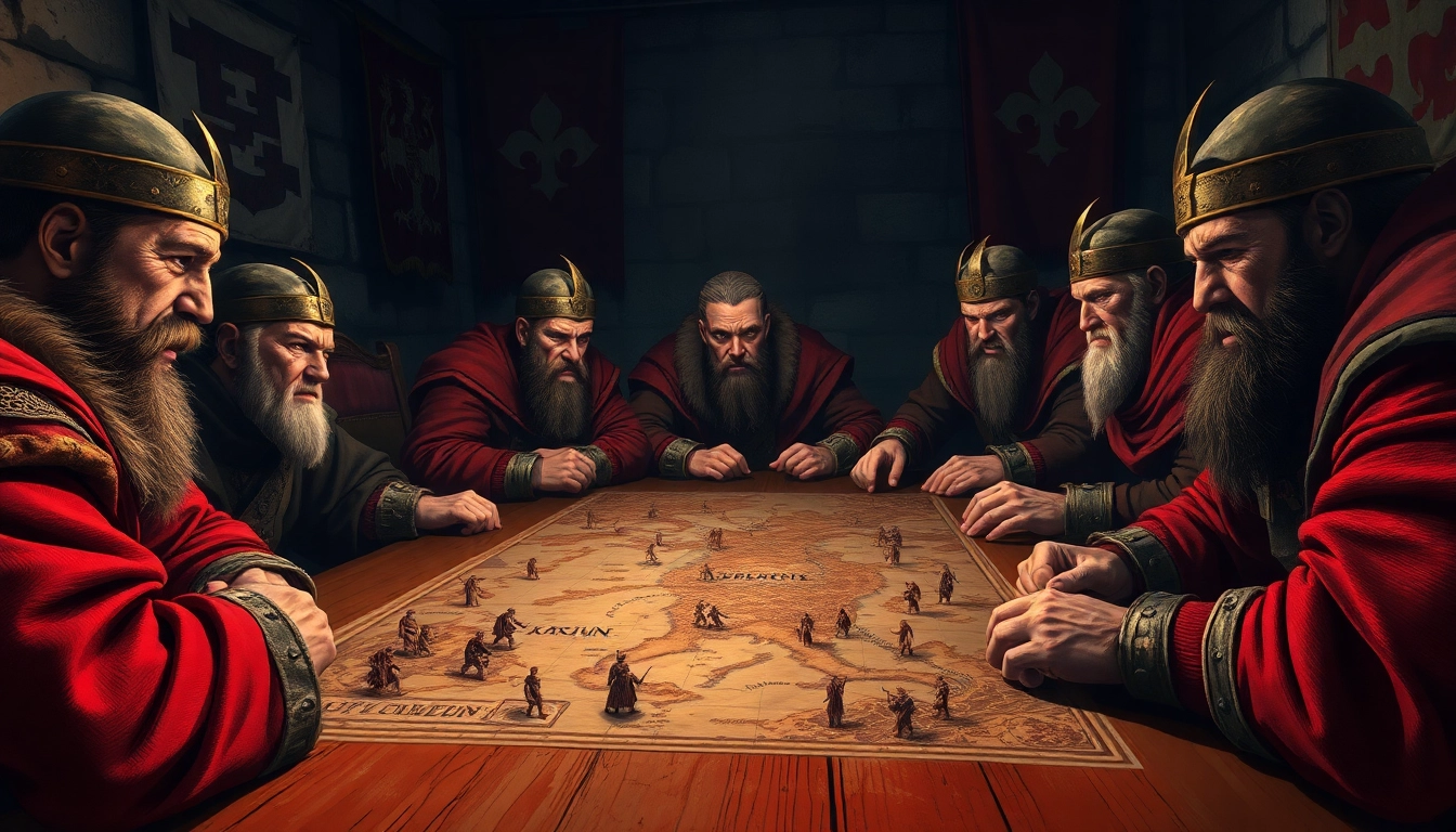 Warlords engage in strategic planning over a detailed game map in a medieval war room.