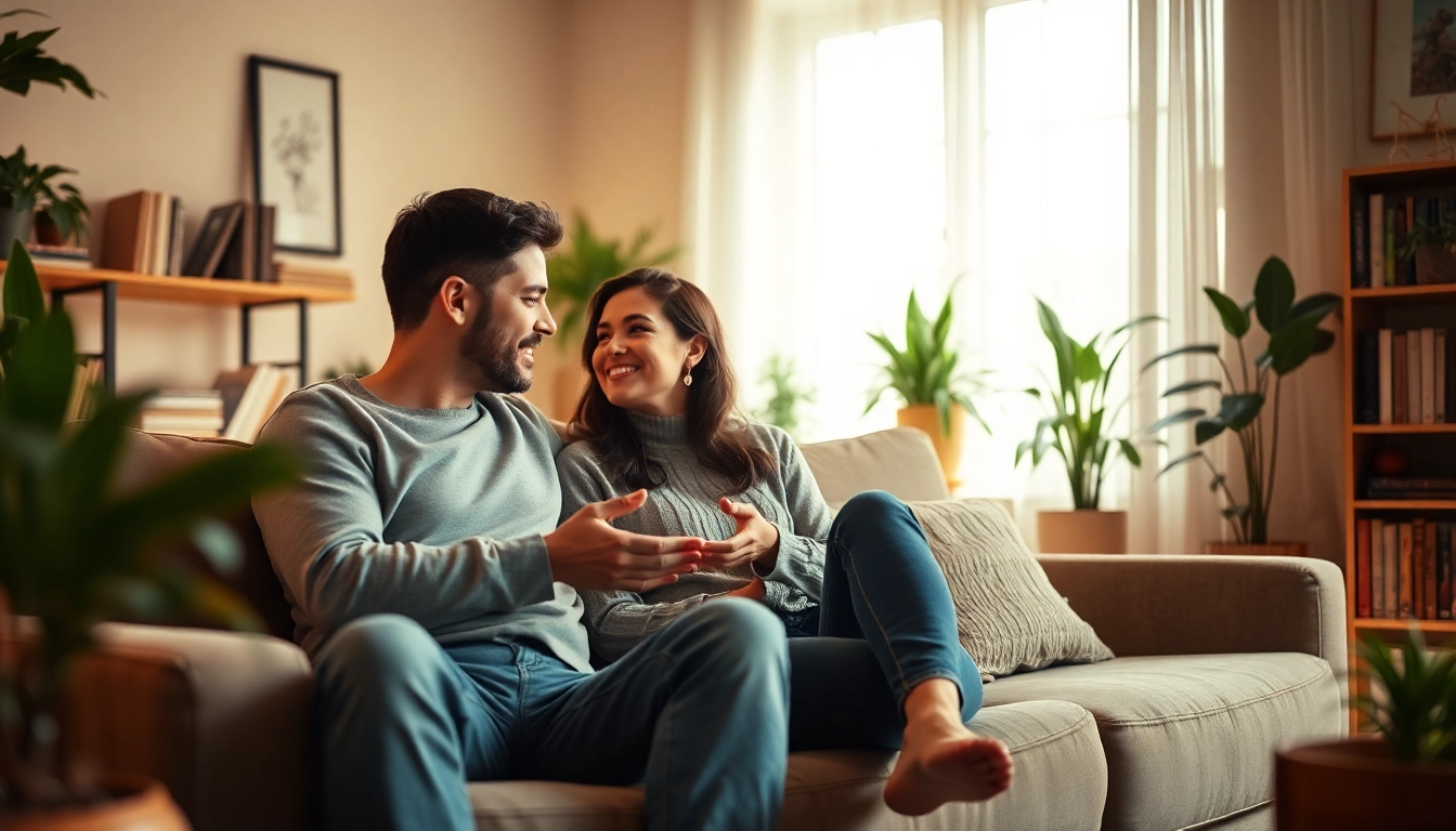 Couple engaging in meaningful dialog about communication in relationships in a warm living room.