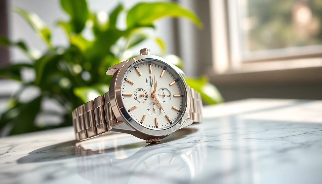 Elegante Damen Armbanduhr auf einem Marmor Tisch präsentieren.