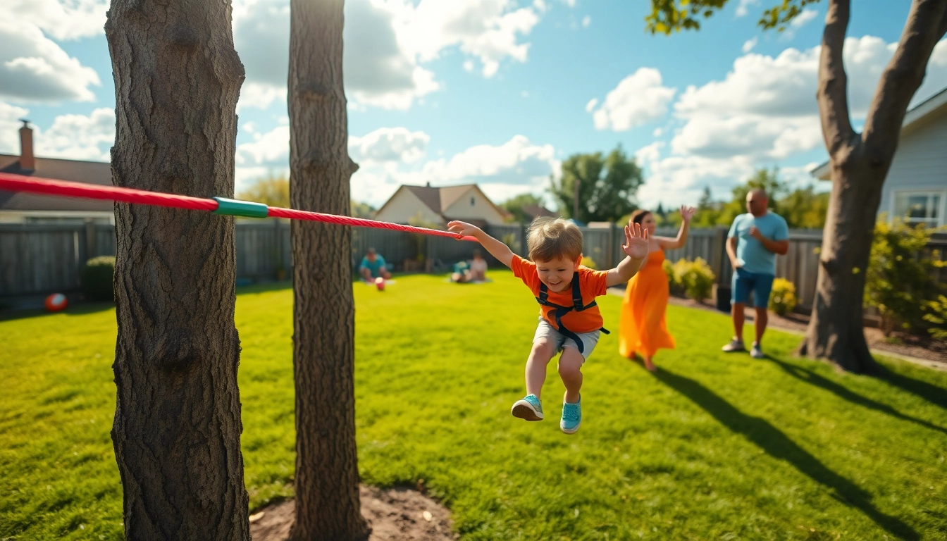 Family enjoying a thrilling ride on a ZIP WIRE KIT in a sunny backyard.