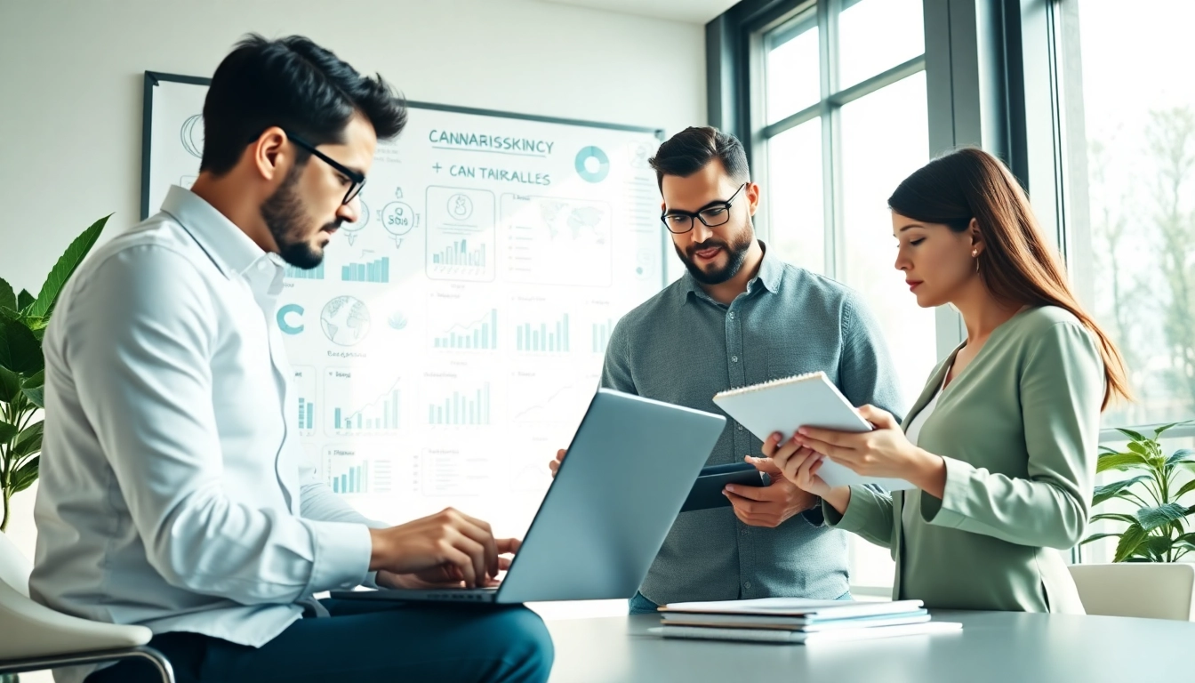 Showcasing professionals at a cannabis marketing agency collaborating on marketing strategies.