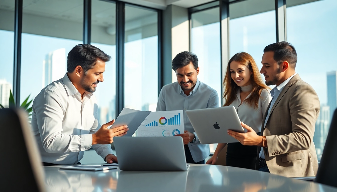 Engaged team specializing in real estate management discussing strategies in a modern office.