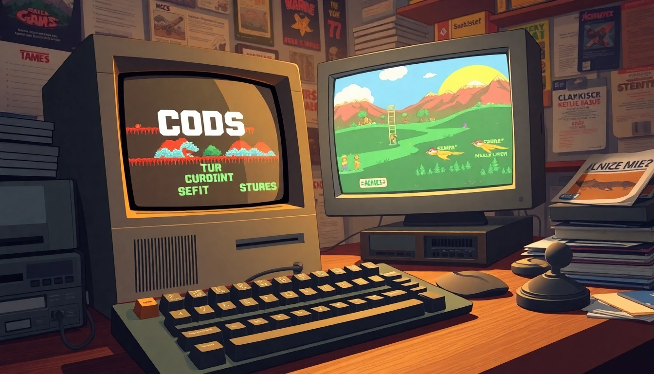 Engaging scene showcasing dos games download on a vintage computer with nostalgic elements.