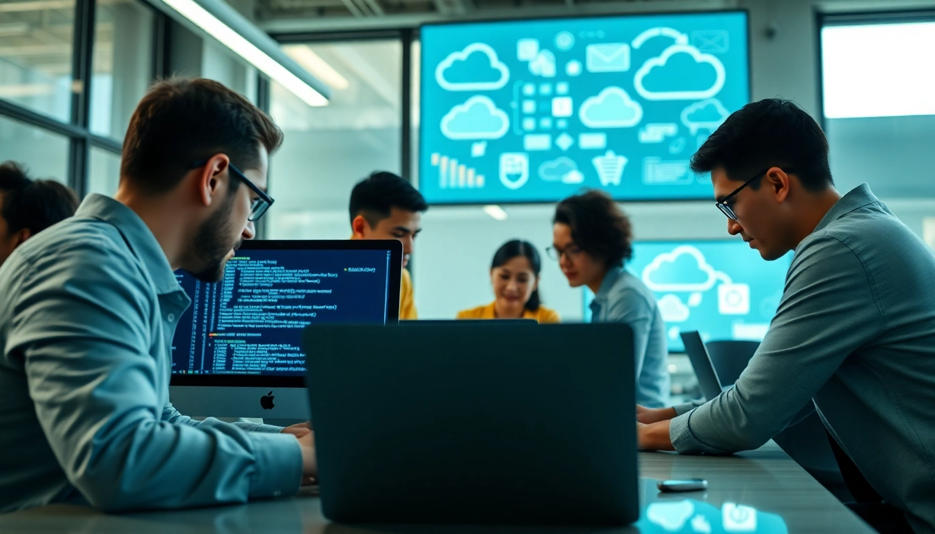 Showcasing cloud infrastructure and DevOps services with a collaborative team in a modern workspace.