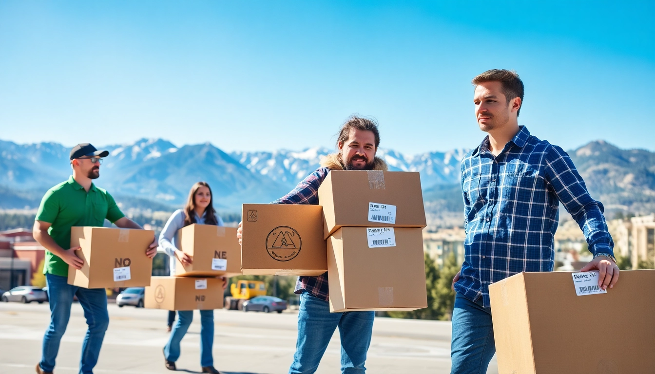 Colorado Moving Company team efficiently moving boxes in a scenic Colorado landscape.