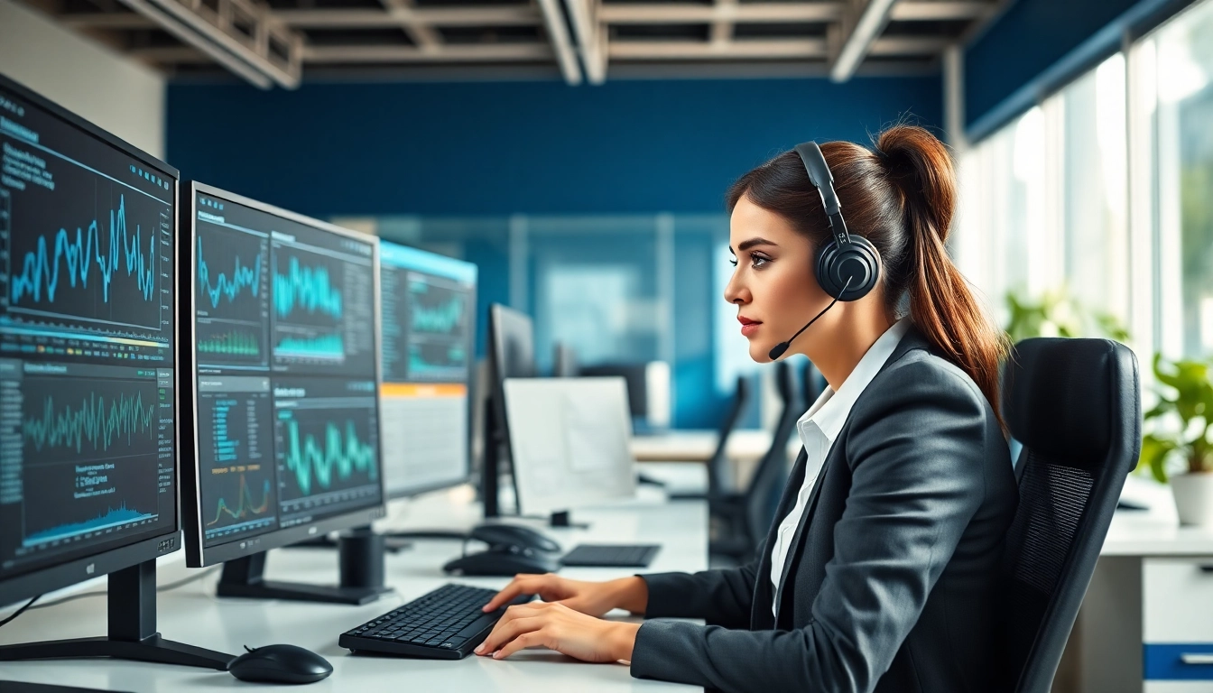 IT support service professional analyzing tech solutions in a modern office environment.