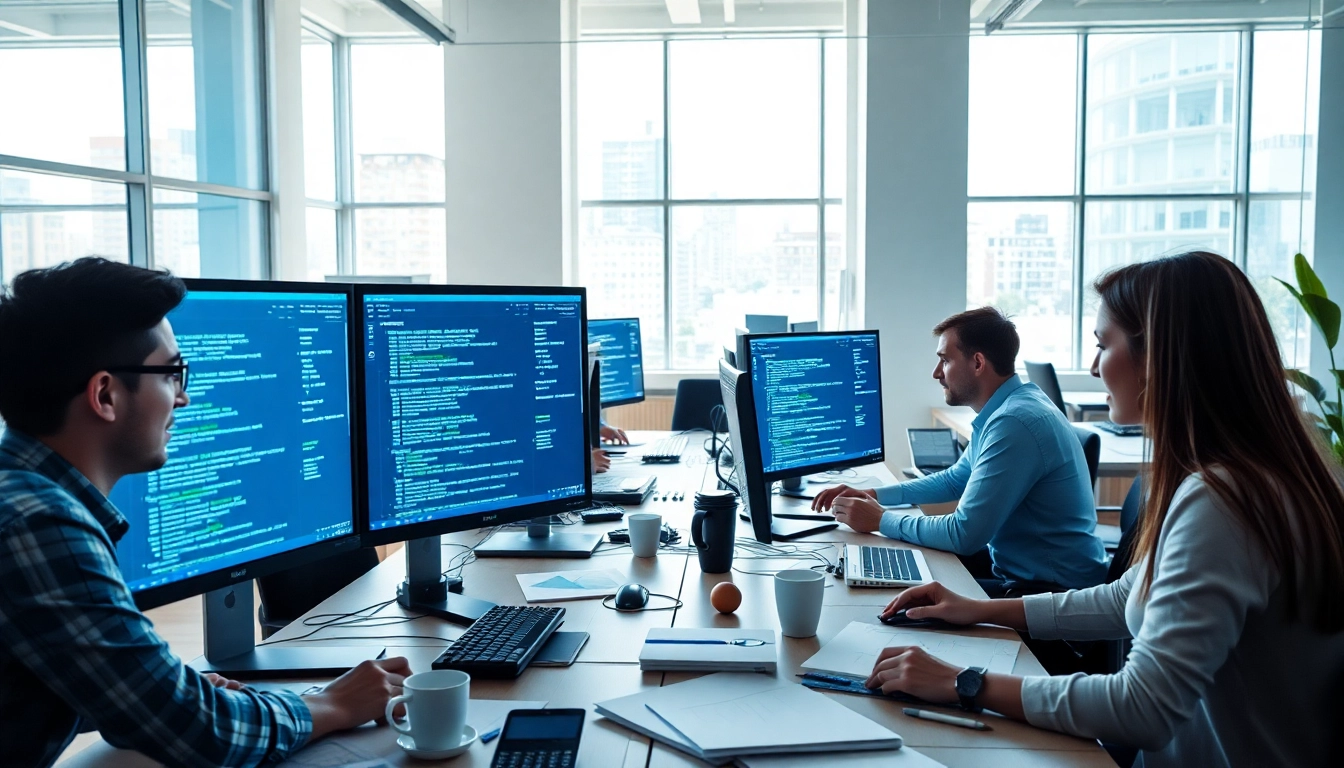 Collaborative web development team working together in a modern office environment.