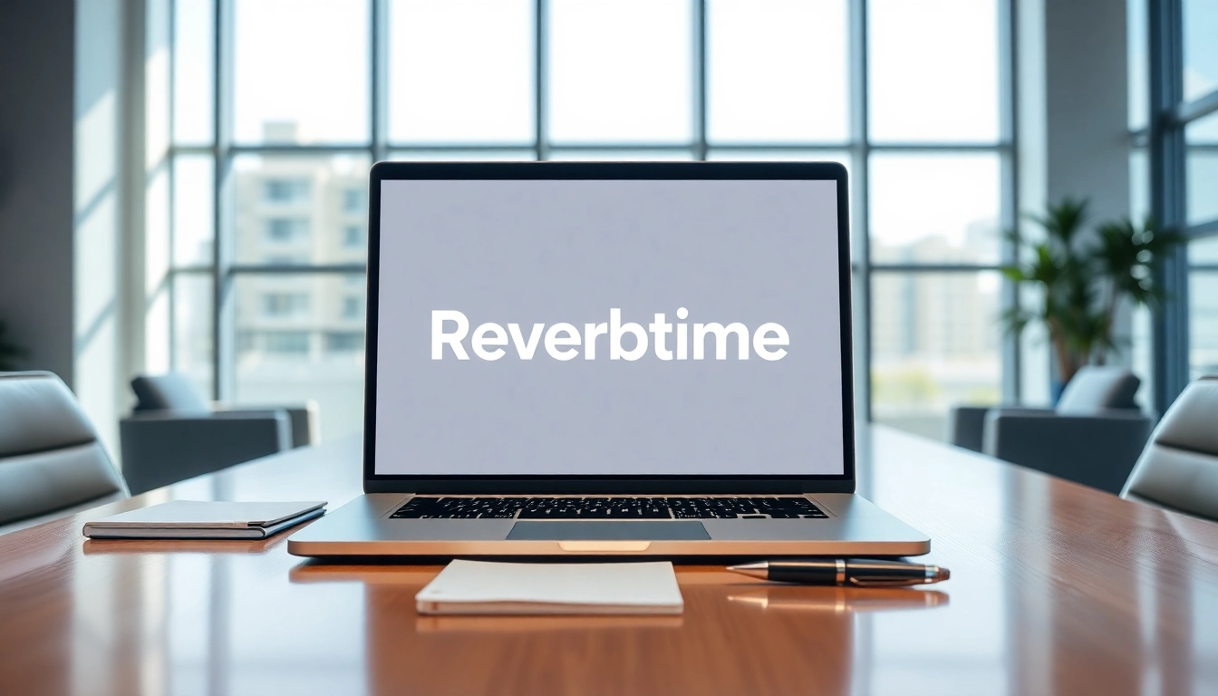 Engaging cover of Reverbtime Magazine showcasing a modern office setup with a laptop and notepad.