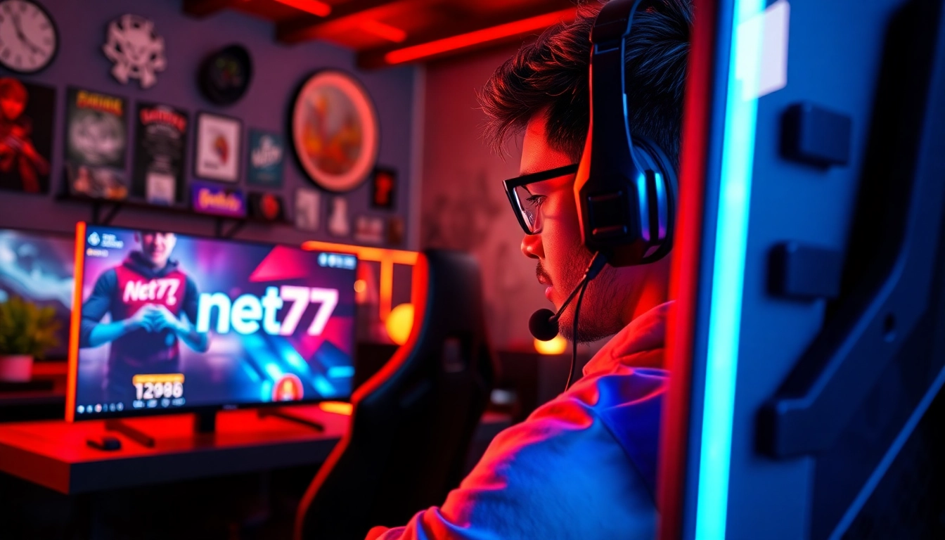 Menampilkan pengalaman bermain net77 game dalam lingkungan gamer modern dengan dekorasi menarik.