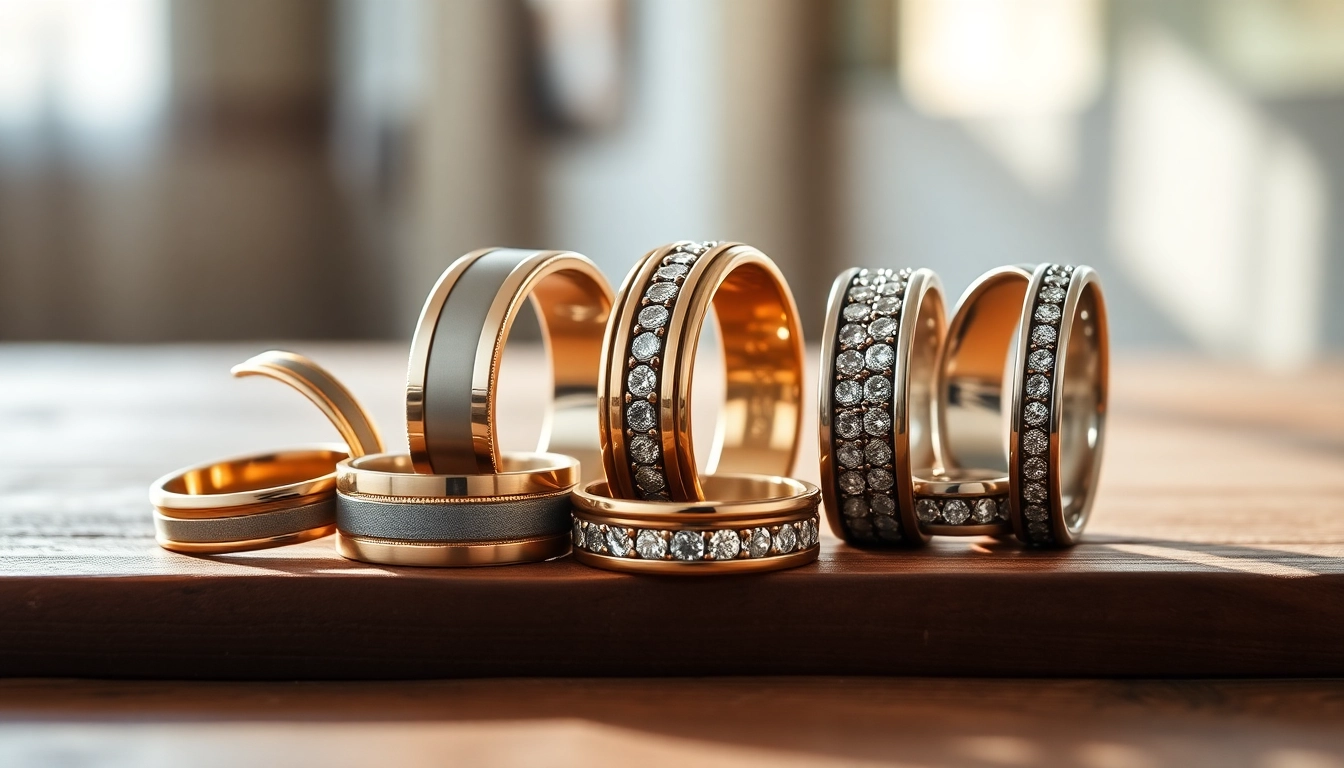 Showcasing a variety of men's wedding rings, highlighting unique styles and designs elegantly.