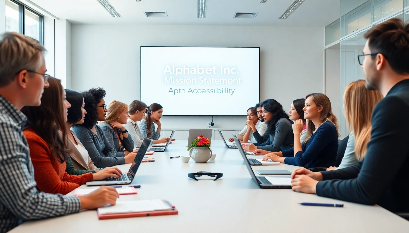 Highlighting the alphabet inc mission statement, a diverse team collaborates in a professional setting.