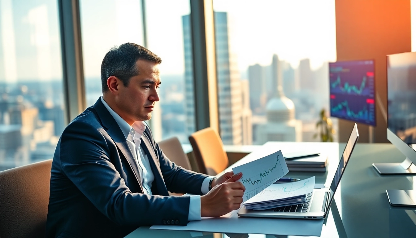 Analyze financial data as a hedge fund manager in a modern office environment.