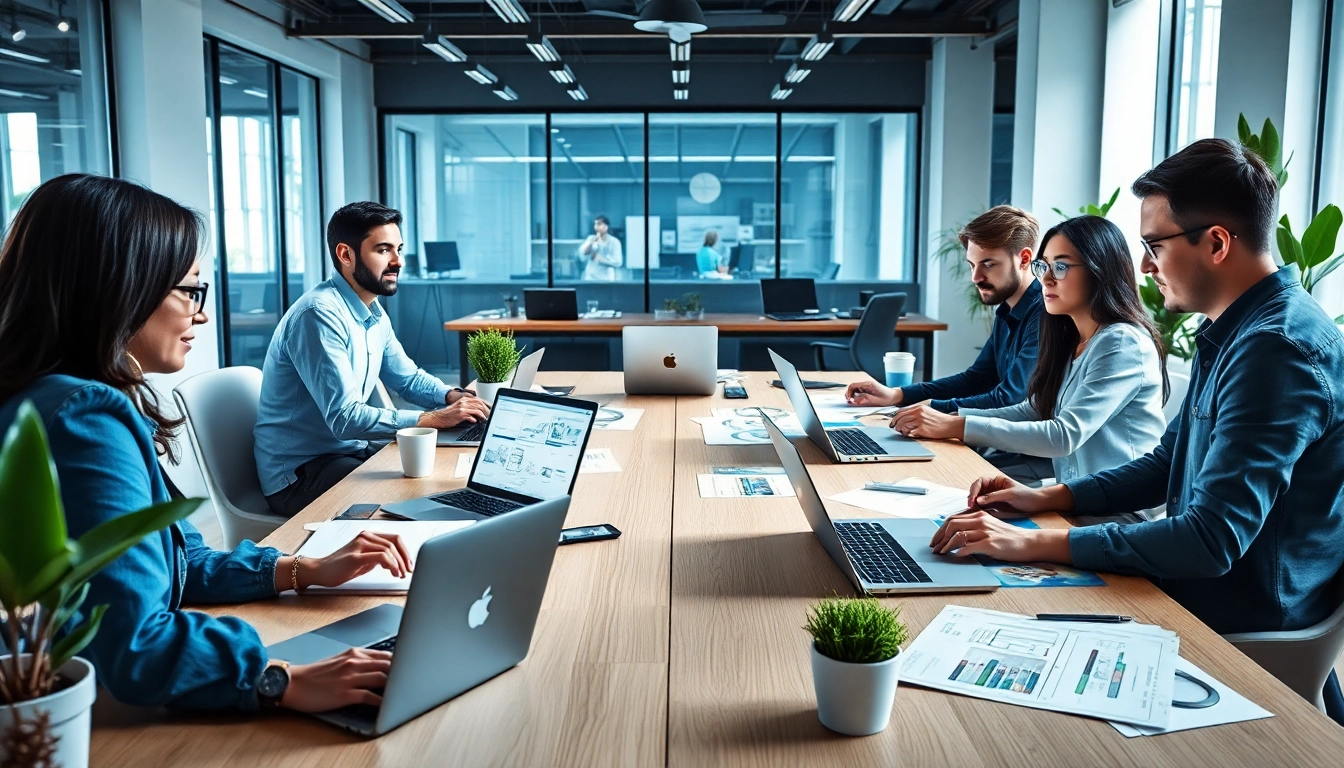 Creating innovative edmonton web design solutions with a diverse team in a modern office.