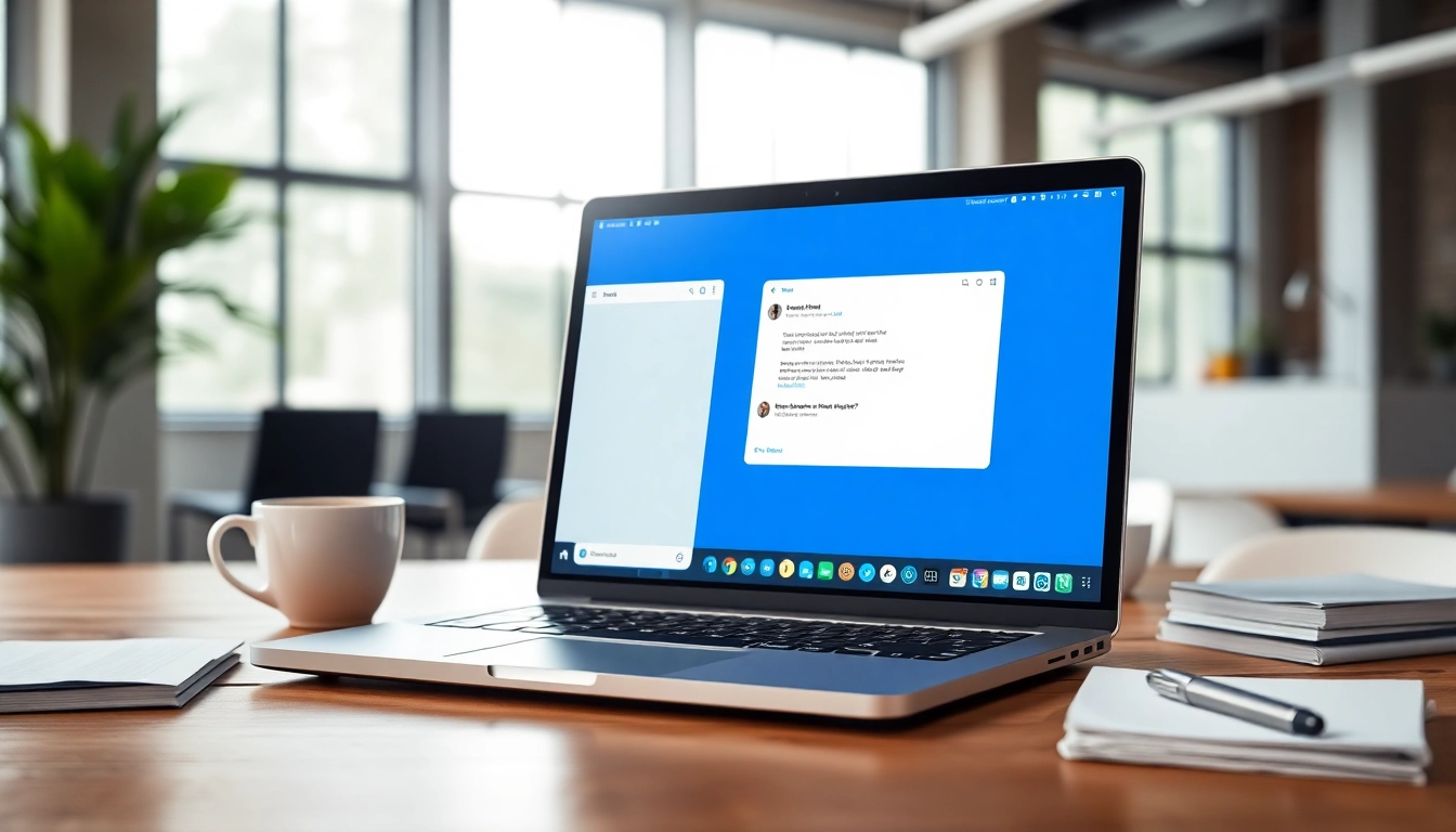 Engaging chatbot for website featured on a modern laptop in a bright office environment.