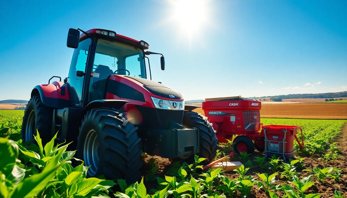 Aktiver Case-ih Traktor im Einsatz auf einem weitläufigen Feld voller fruchtbarer Pflanzen.