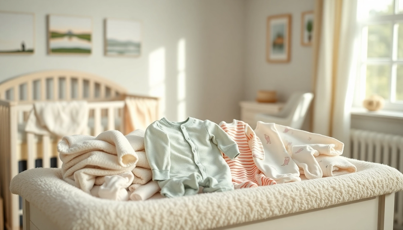 Adorable Newborn baby clothes displayed in a cozy nursery inviting parents to shop.