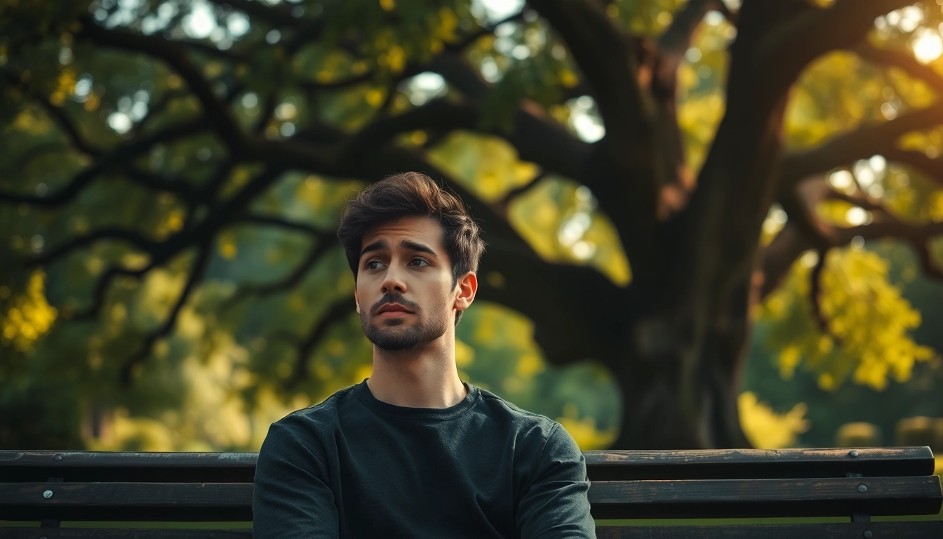 Reflective moment of a person contemplating their relationship breakup in a serene park setting