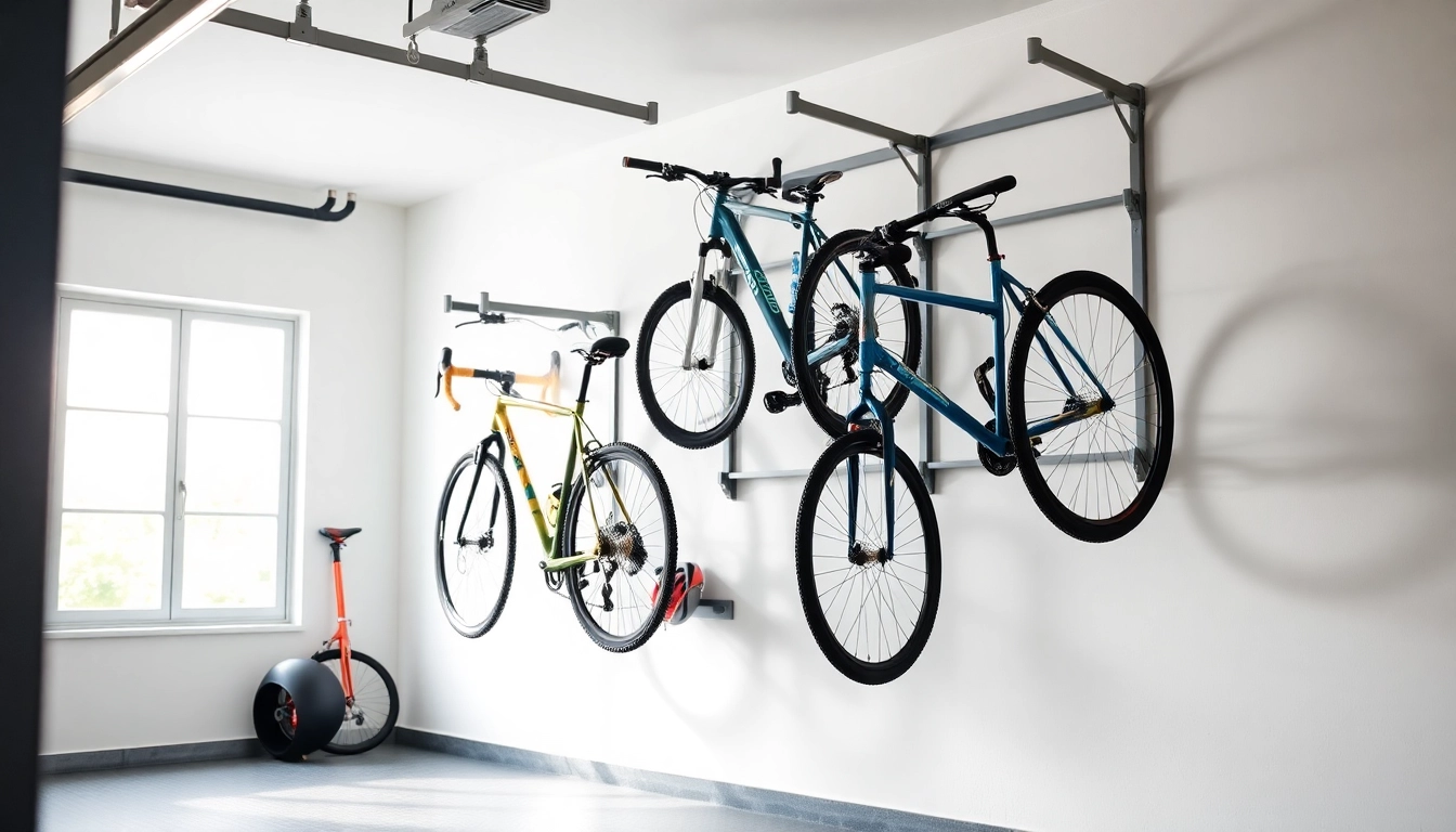Showcasing wall-mounted bike storage with sleek design, maximizing space in a modern garage.