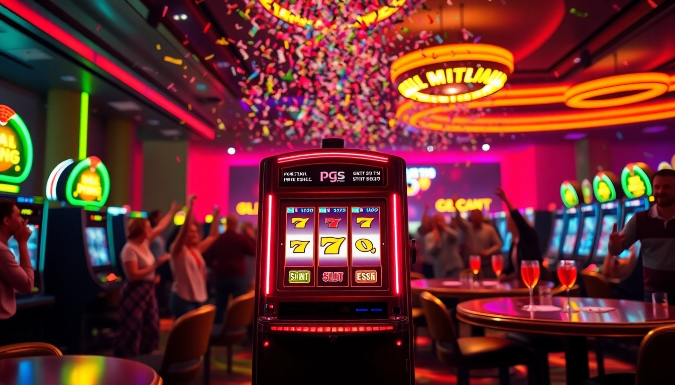 เล่น pgslot ที่ตู้สล็อตสวยงามในคาสิโนที่มีแสงไฟสดใส