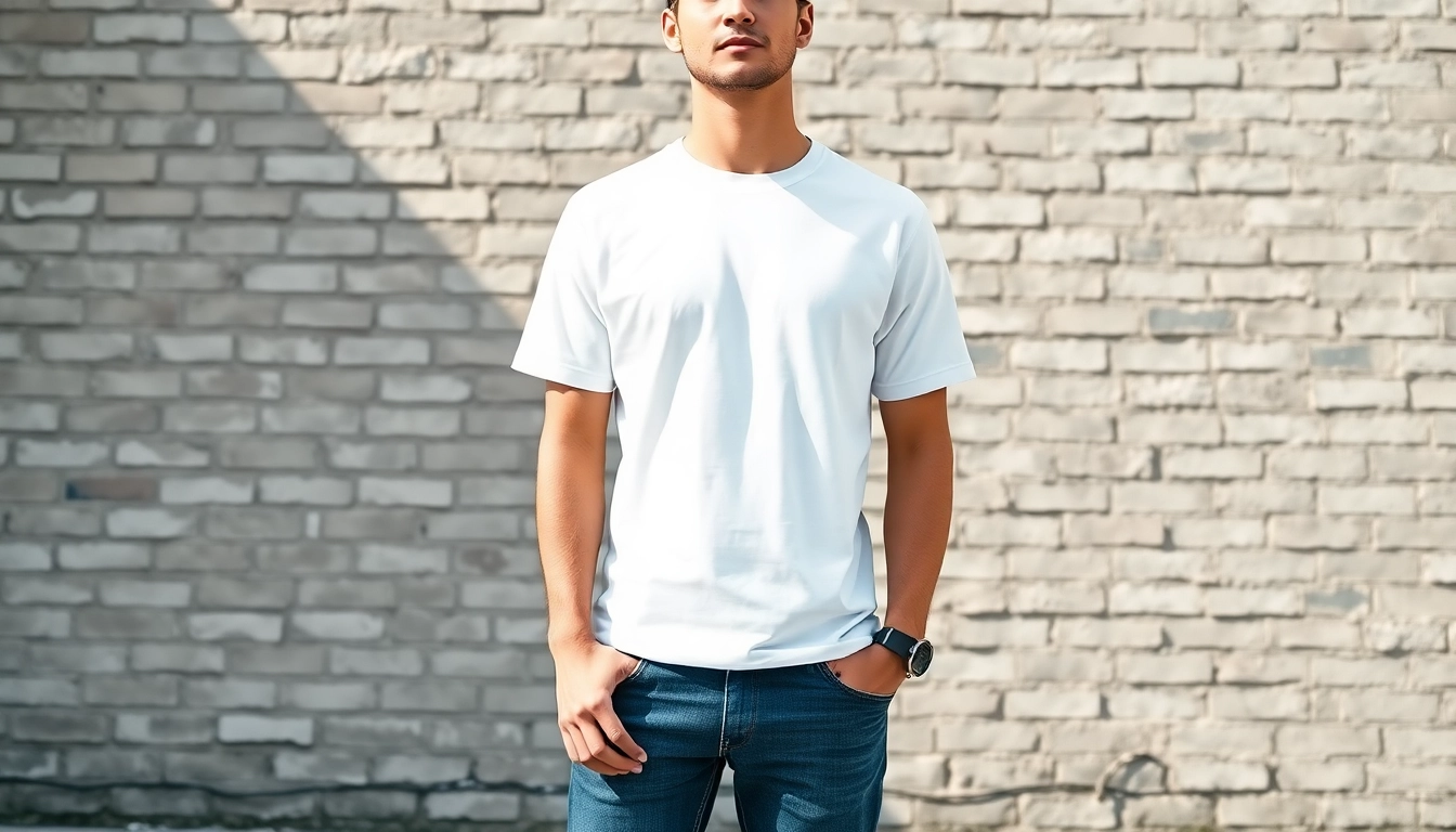 Model showcasing a stylish blank white t shirt against a textured wall.