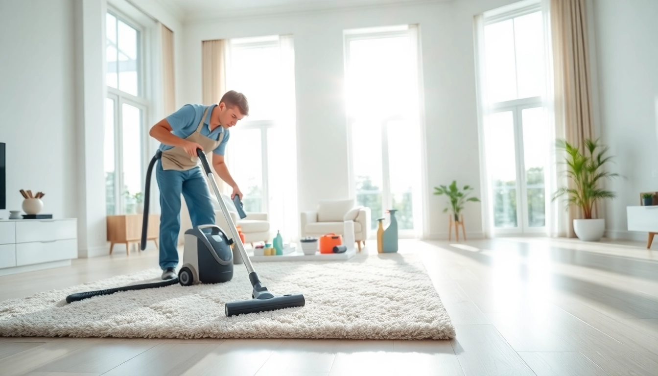 Bond cleaning professionals efficiently cleaning a bright living room, showcasing spotless surfaces.