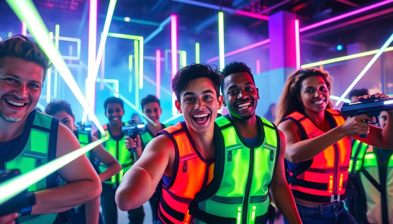 Players engaged in an exhilarating match of laser tag in a vibrant arena with neon lights.