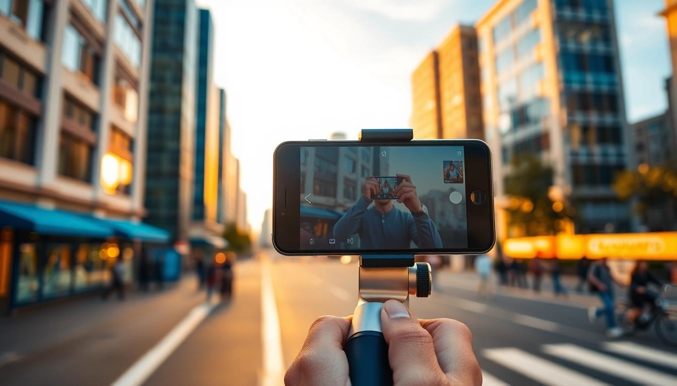 Capture moments with a gimble, showcasing its sleek design in an urban setting.