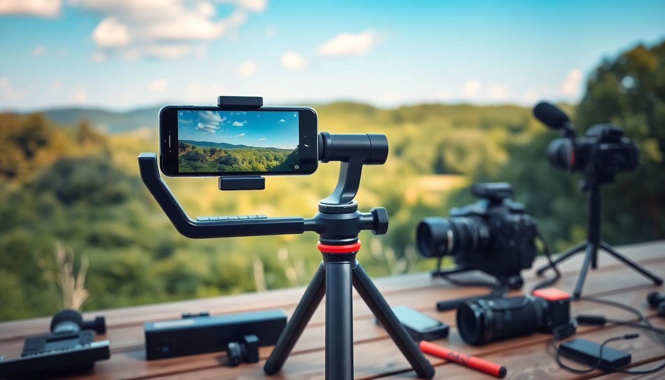 Showcasing a gimbal stabilizer for smooth filming in a scenic outdoor setting.