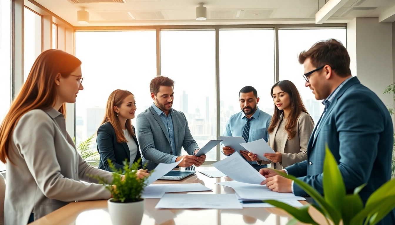 Engaged professionals from real estate investment companies collaborating in a bright office space.