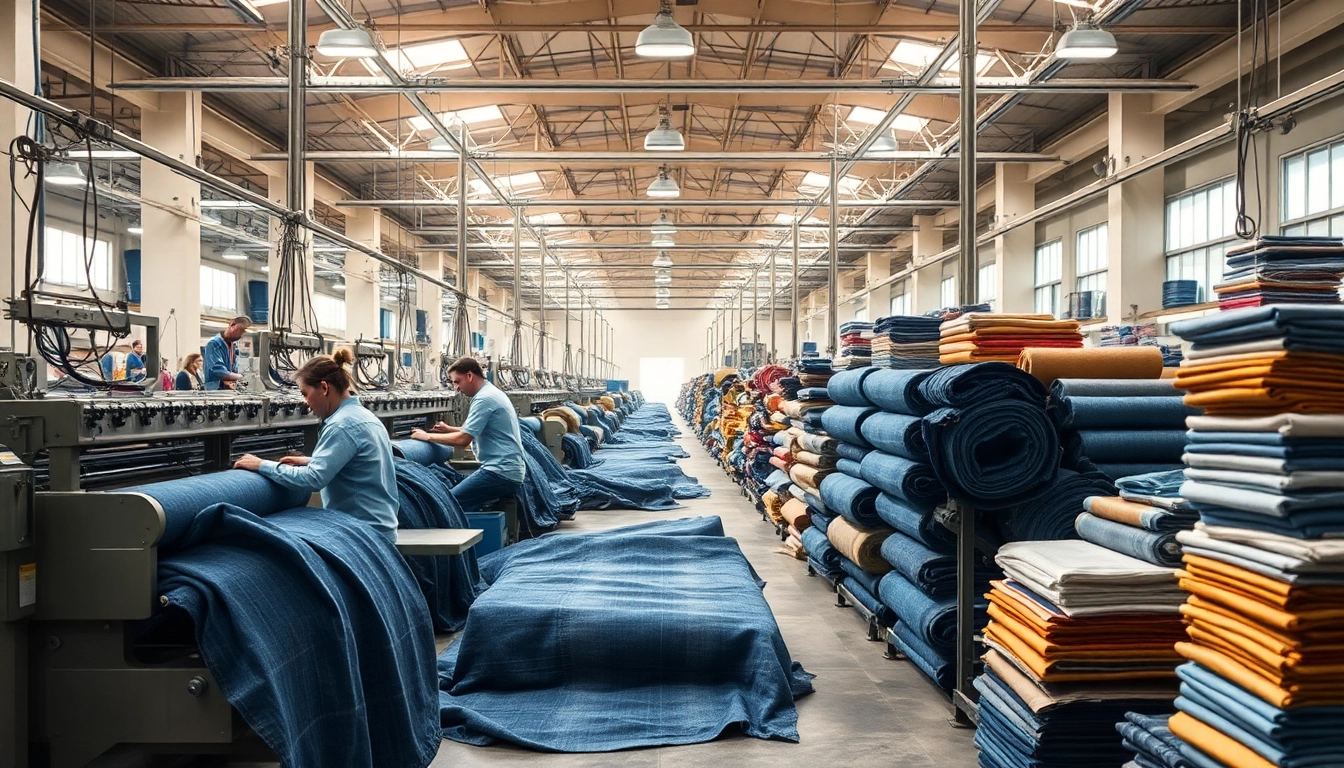 Showcase jeans fabric manufacturers in a textile factory with vibrant fabric rolls.