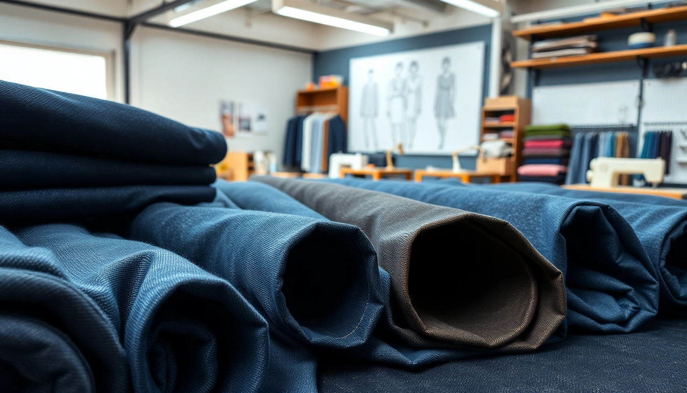 Showcase of jeans fabric manufacturers featuring high-quality denim rolls in a fashion design studio.