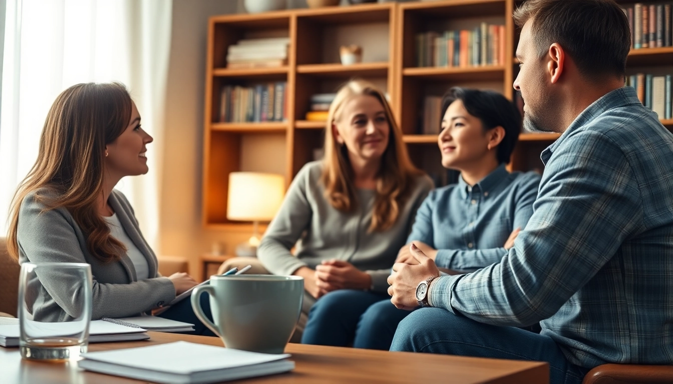 Engaging relationship coach facilitating a conversation with clients in a warm setting.