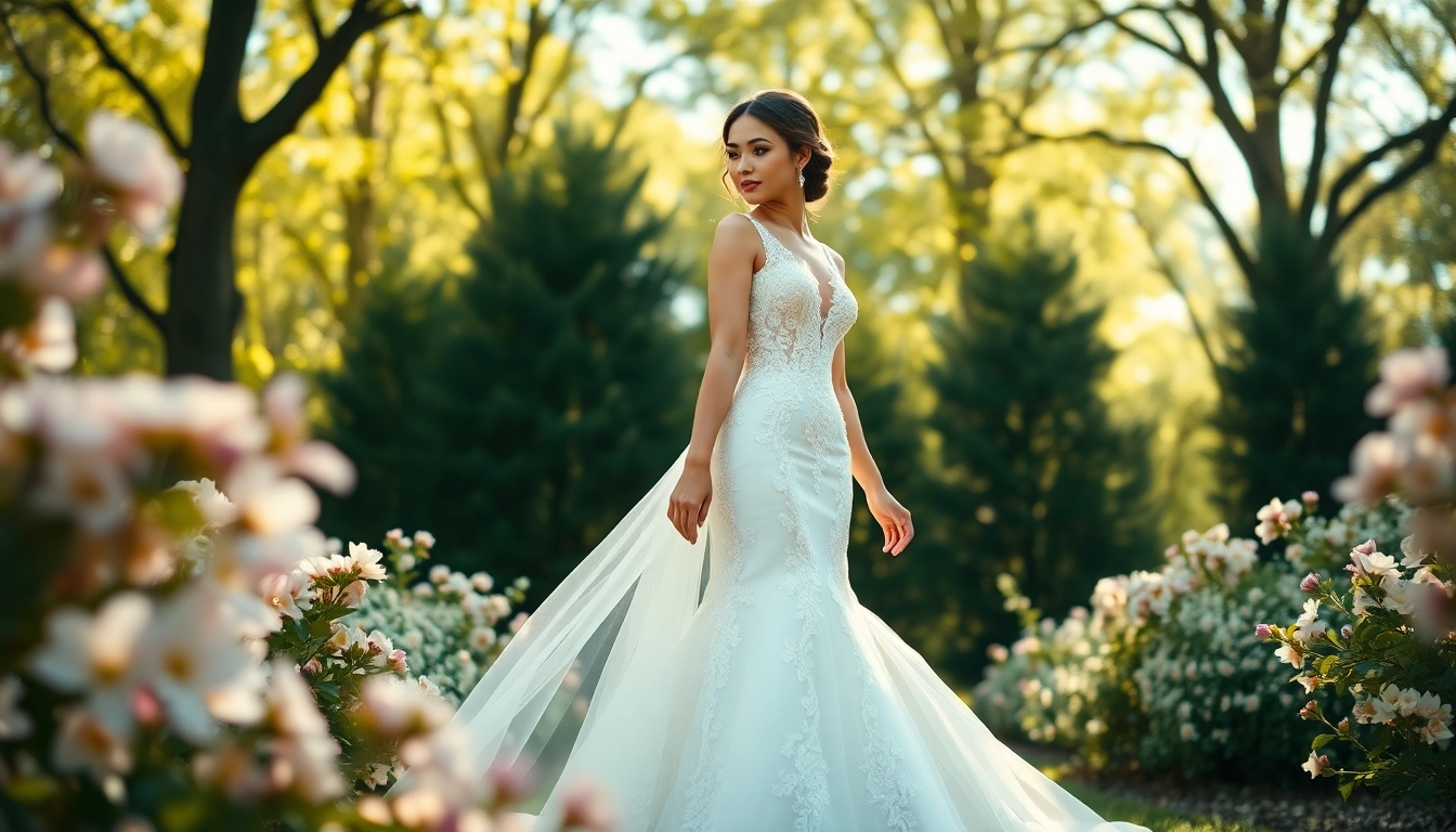 Capture the elegance of Fit and Flare Wedding Dresses worn by a bride among blooming flowers.