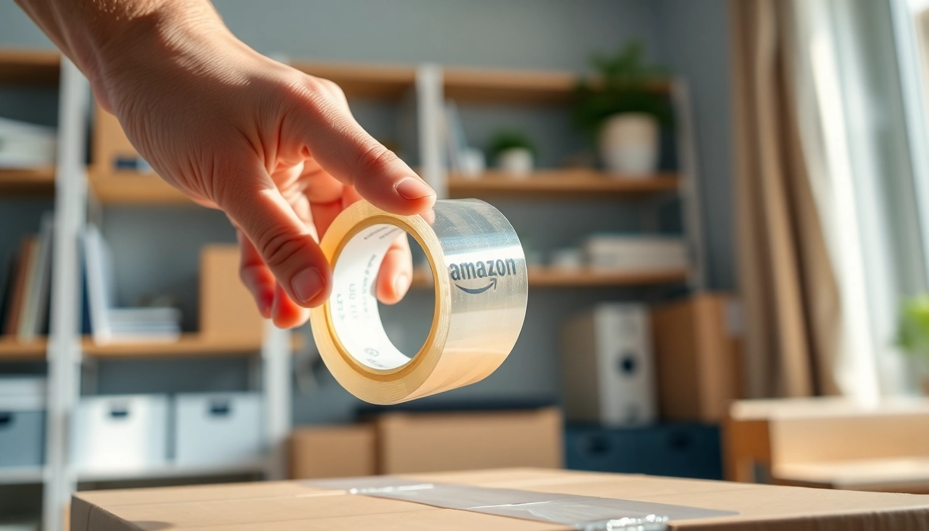 Apply amazon tape securely to a package, showcasing its clarity and strength in a home office.
