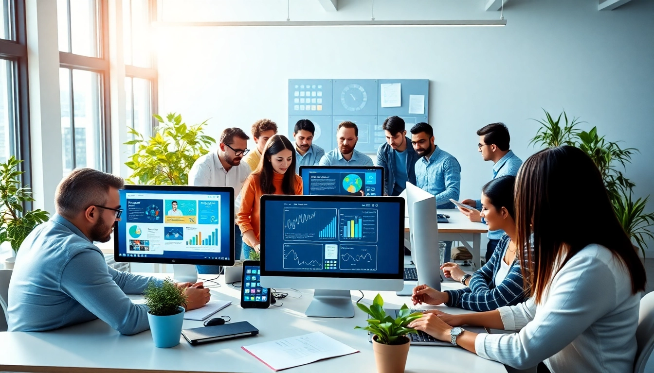 Collaborative team focusing on seo and web design companies in a modern office.