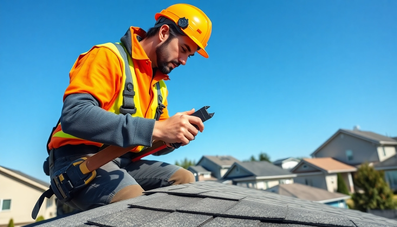 Inspecting roof for Roof repair Vancouver Wa with contractor in safety gear.