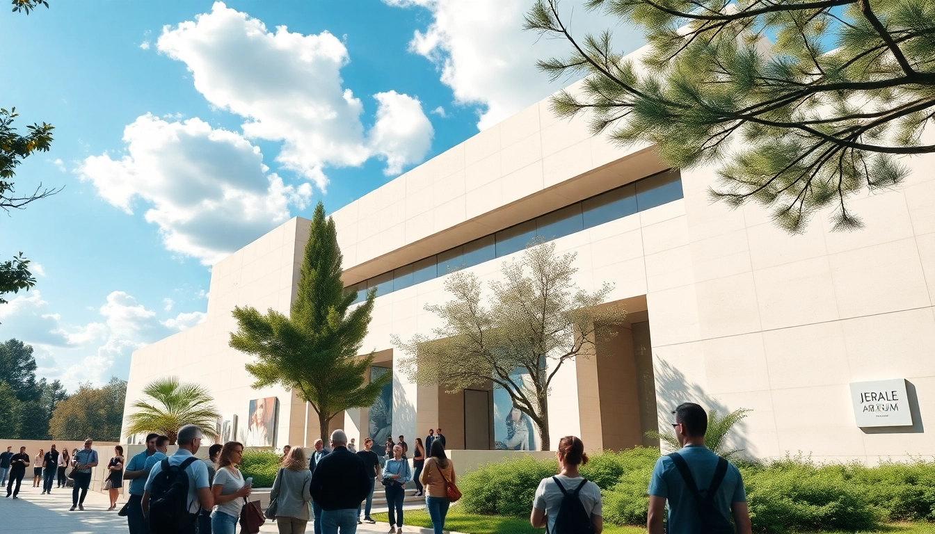 Visitors engaging with art at the Jerusalem Art Museum, showcasing its modern architectural design.