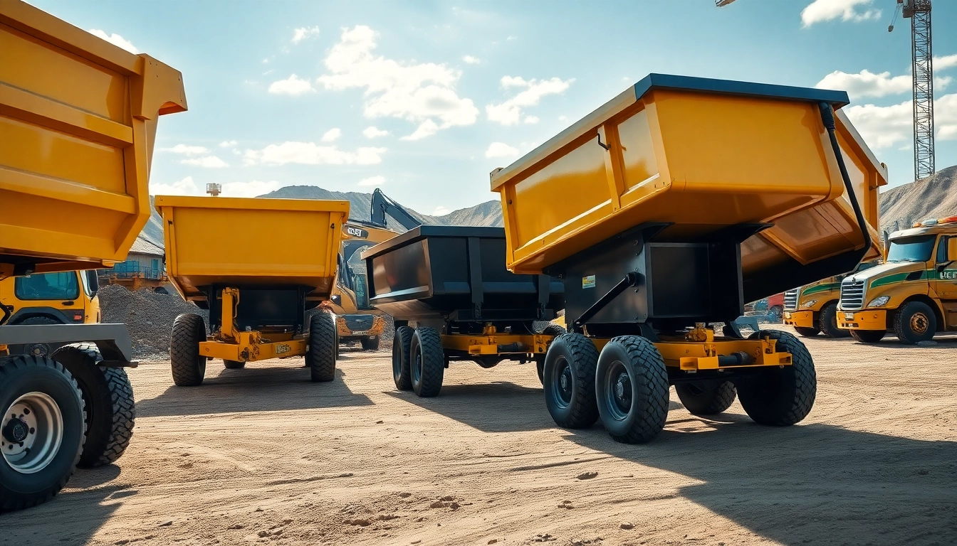 Hydraulic dump trailers for sale displayed on a busy construction site showcasing their strength and utility.