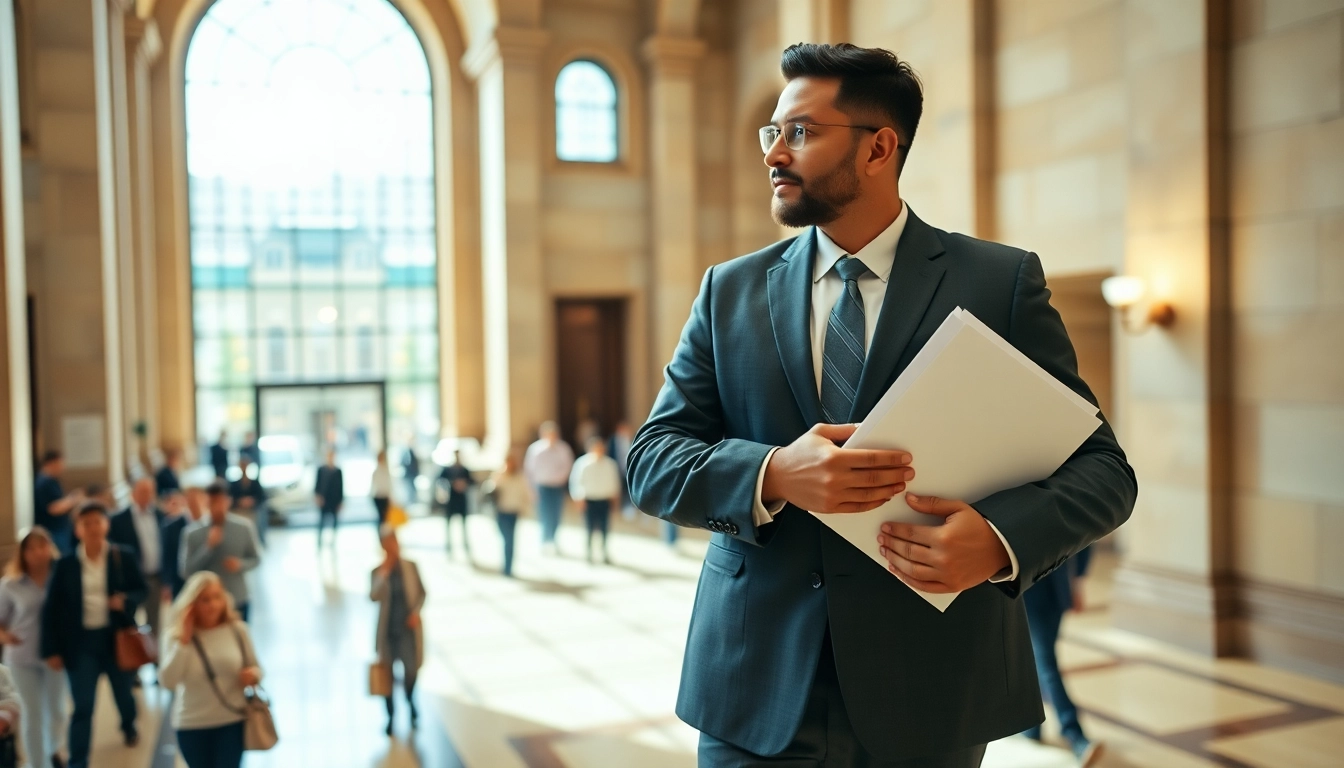 Court Server efficiently delivering legal documents in a bustling city courthouse environment.