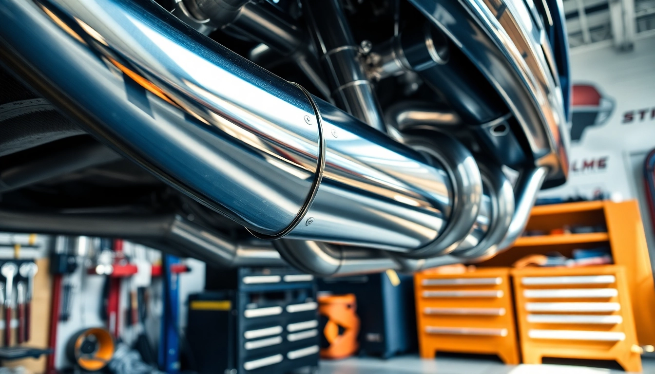 Detail view of an automotive exhaust showcasing its intricate design and metallic features.