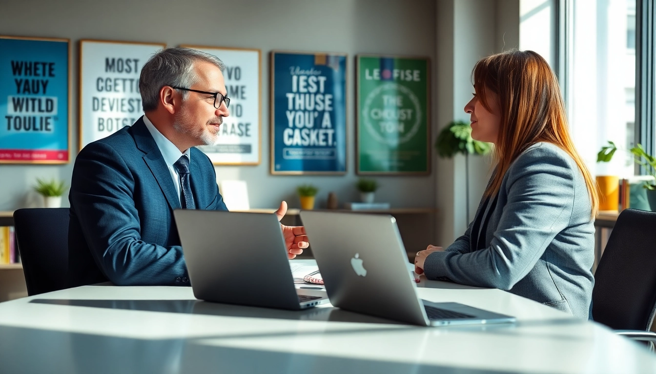 Headhunter Osnabrück konsultiert Klienten in modernem Büro mit motivierenden Elementen.