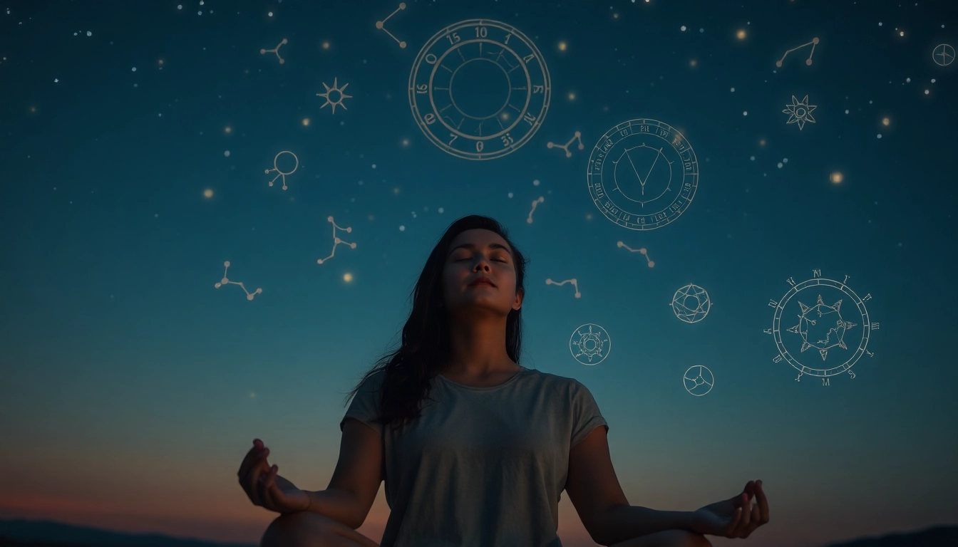 Erhalte personalized horoscopes in einer traumhaften Nachtlandschaft mit astrologischen Symbolen.