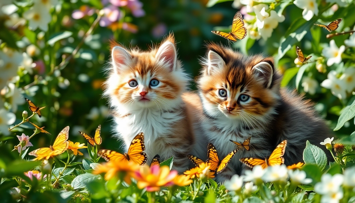 Adorable Maine Coon kittens for sale playing in a vibrant garden setting.
