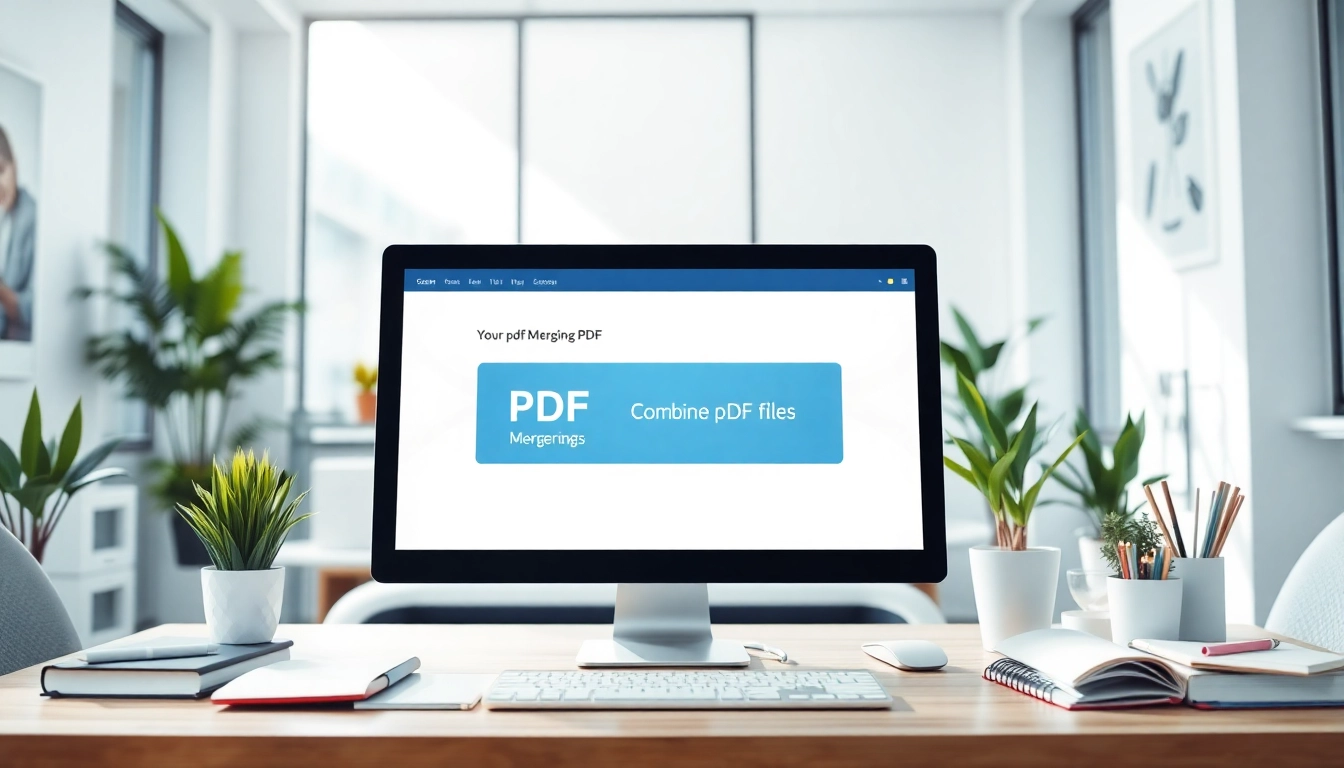 Combine pdf files using a professional PDF merging tool on a computer screen in a bright office.